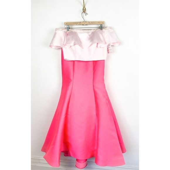 NWT Ellie Wilde by Mon Cheri Hot Pink Two Piece Off Shoulder Satin Formal Dress - Picture 3 of 16